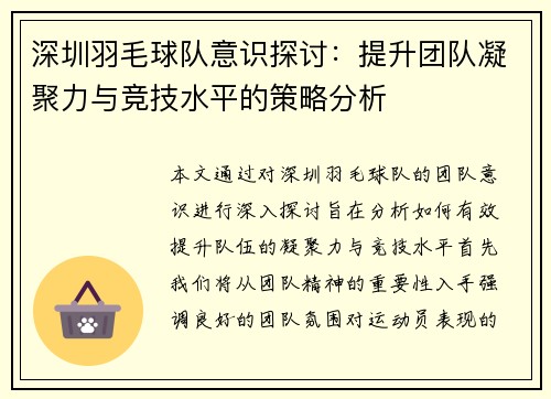 深圳羽毛球队意识探讨：提升团队凝聚力与竞技水平的策略分析